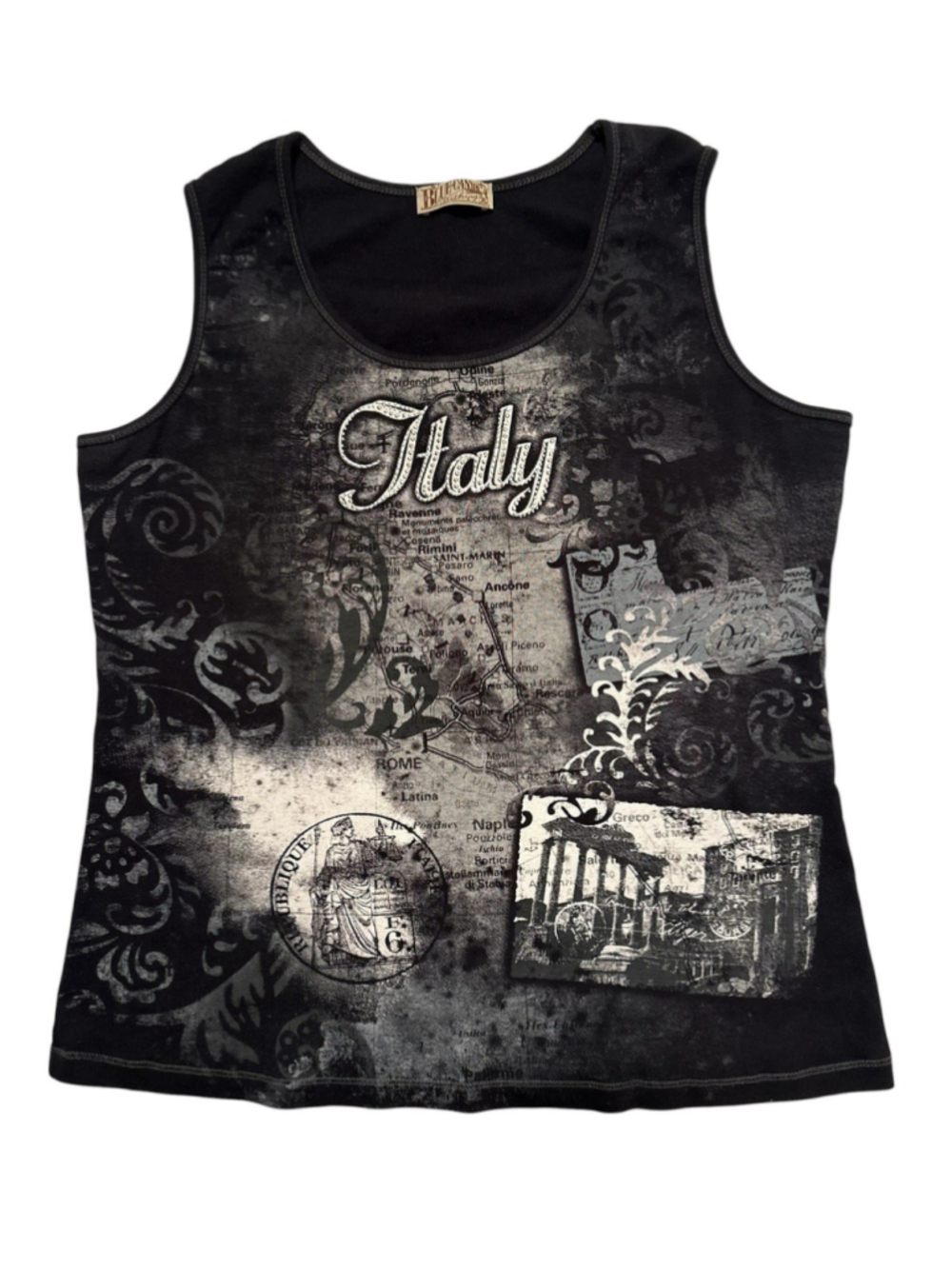 Blue Canyon Sparkling Italy Tank Top Rhinestones Womens XL Black Italy Map